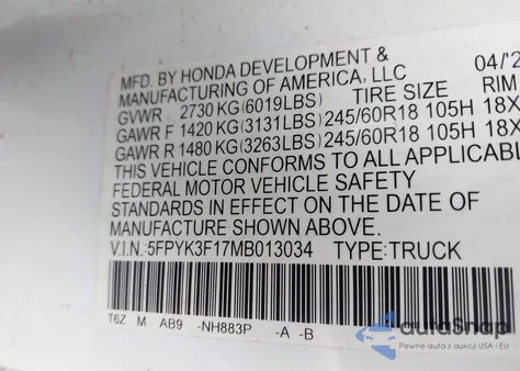 2021 Honda Ridgeline Awd Sport from USA, damaged, VIN 5FPYK3F17MB013034